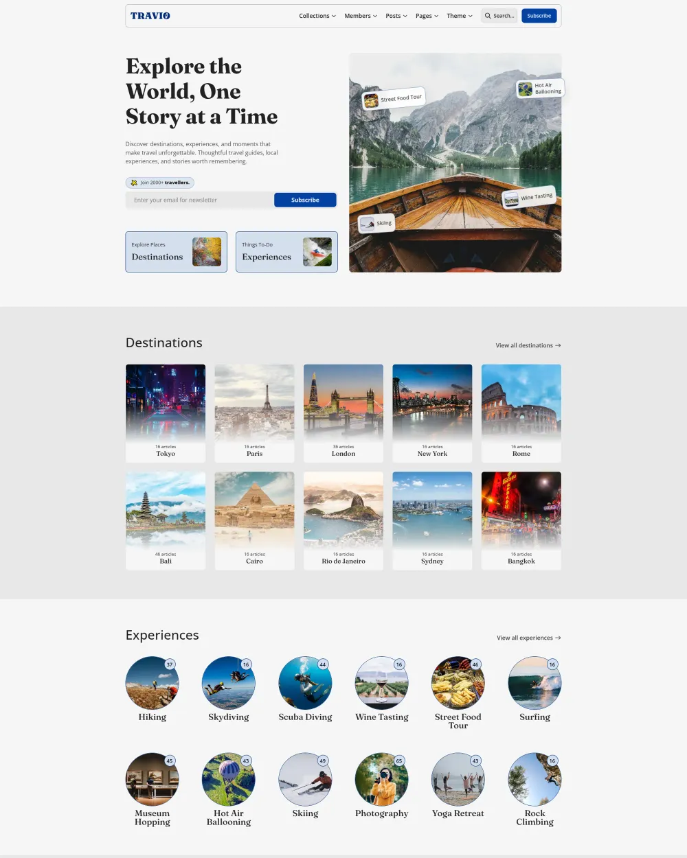 Homepage of Travio — A Fast, High-Performance Travel Ghost Theme for Modern Travel Publishers